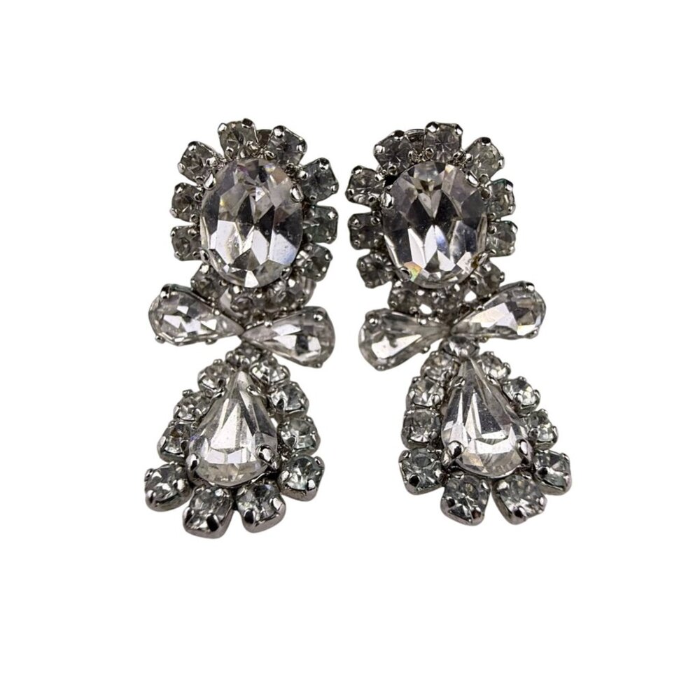 Chr. Germany Vintage Silver Tone Rhinestone Clip-On Earrings Elegant Design